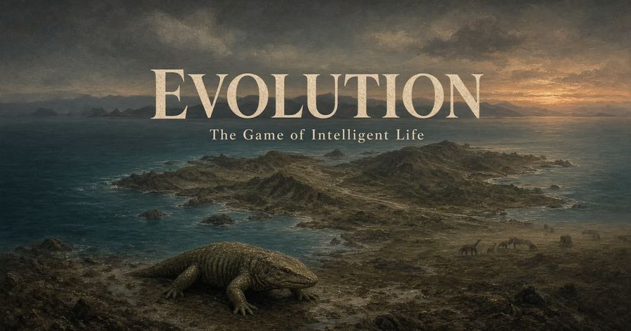 Evolution cover art: a tetrapod on a coastal world at dusk