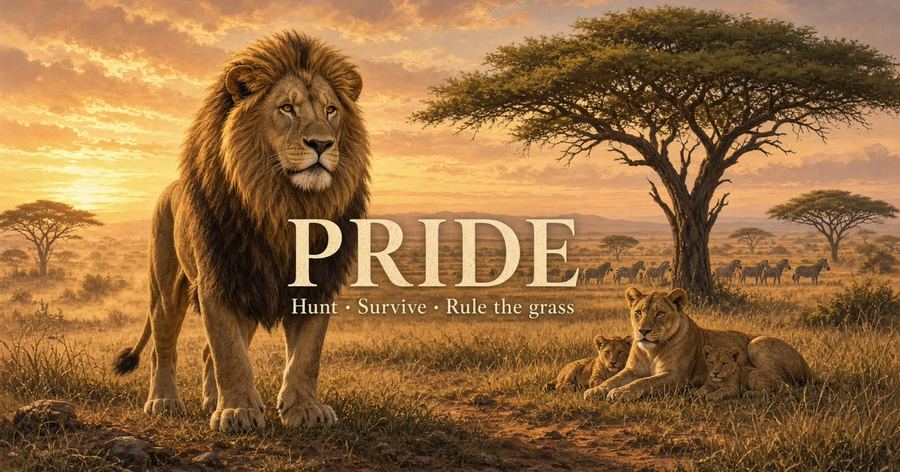 Pride cover art: lions on the Serengeti at sunset